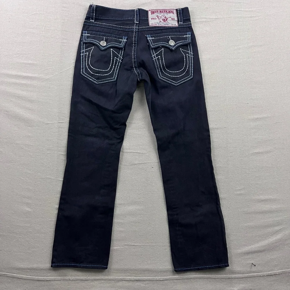True Religion Ricky Super T Jeans Mens 34 Dark Wash Contrast Stitch Straight Leg